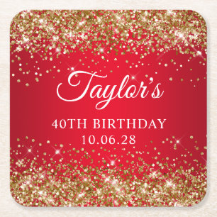 Gold Glitter Red 40th Birthday Square Paper Coaster