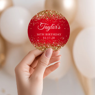 Gold Glitter Red 50th Birthday Classic Round Sticker