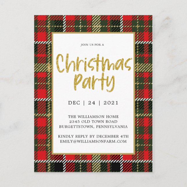 Gold Glitter Red and Green Plaid Christmas Party   Postcard (Front)
