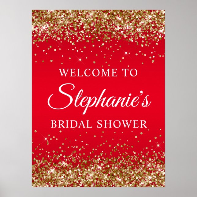 Gold Glitter Red Bridal Shower Welcome Poster (Front)