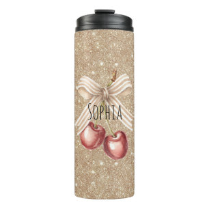 Gold Glitter Red Cherries Thermal Tumbler