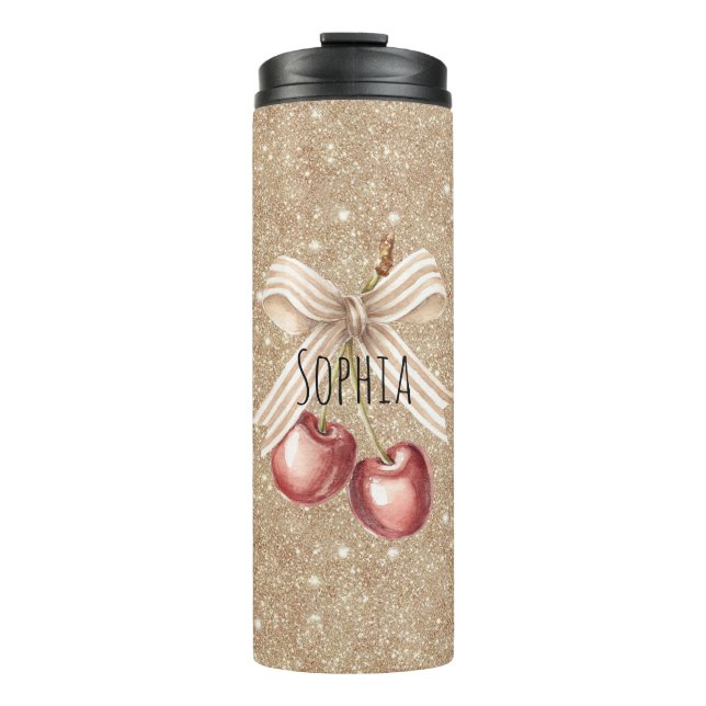 Gold Glitter Red Cherries Thermal Tumbler (Front)