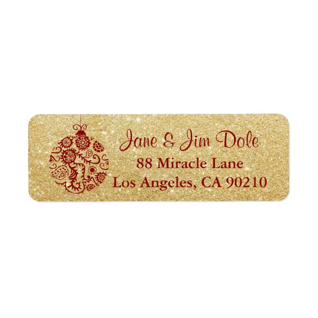 Gold Glitter Red Christmas Ornament Winter Label (Front)