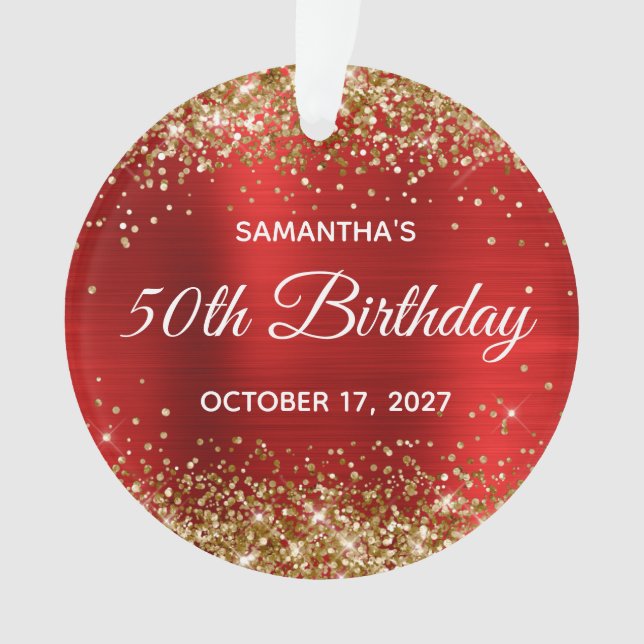 Gold Glitter Red Foil 50th Birthday Ornament (Front)
