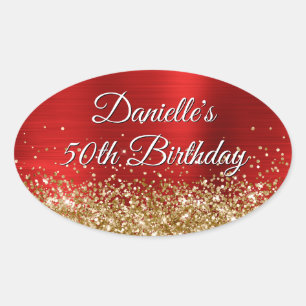 Gold Glitter Red Foil 50th Birthday Oval Sticker