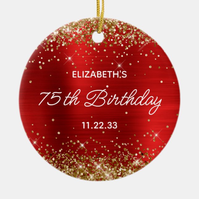 Gold Glitter Red Foil 75th Birthday Ceramic Ornament (Front)