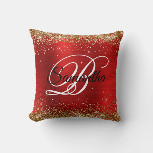Gold Glitter Red Foil Fancy Monogram Throw Pillow