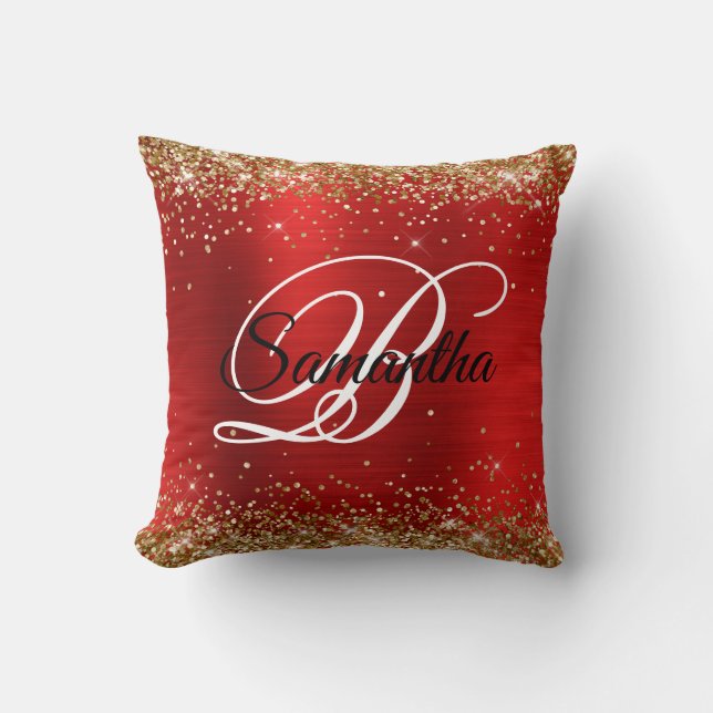Gold Glitter Red Foil Fancy Monogram Throw Pillow (Front)