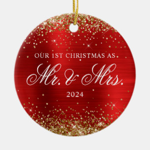 Gold Glitter Red Foil Our 1st Christmas Photo Ceramic Ornament