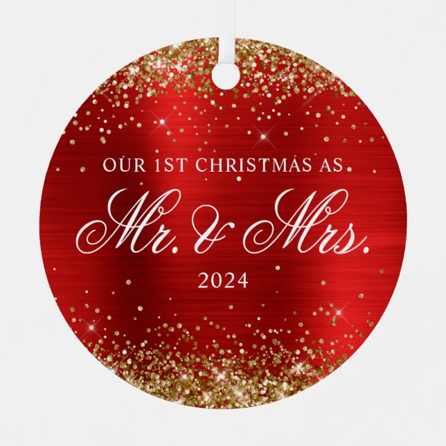 Gold Glitter Red Foil Our 1st Christmas Photo Metal Ornament (Front)