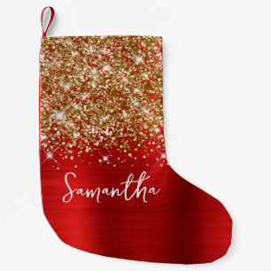 Gold Glitter Red Glam Name Small Christmas Stocking