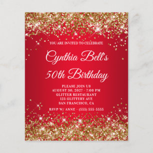 Gold Glitter Red Gradient 50th Birthday Invite Flyer