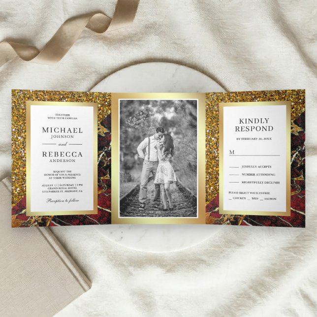 Gold Glitter Red Marble Photo Wedding Tri-Fold Invitation (Creator Uploaded)