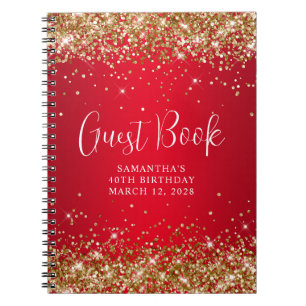 Gold Glitter Red Ombre 40th Birthday Guest Notebook