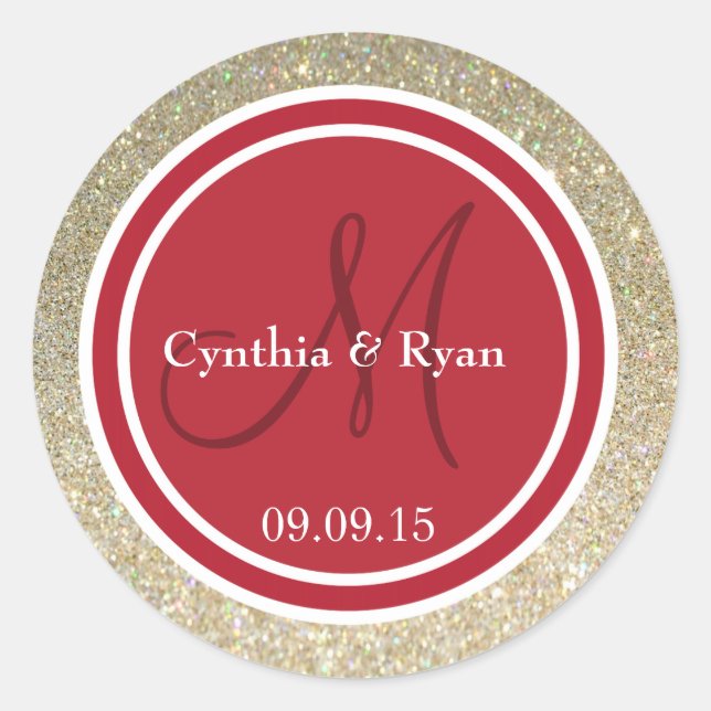 Gold Glitter & Red Wedding Monogram Classic Round Sticker (Front)