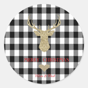 Gold Glitter Reindeer Heart Buffalo Plaid Classic Round Sticker