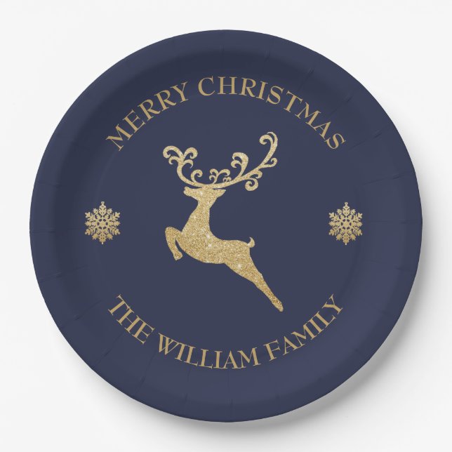 Gold Glitter Reindeer Merry Christmas Party Navy Paper Plate (Front)