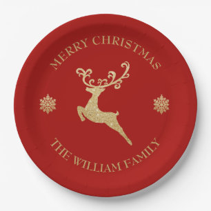 Gold Glitter Reindeer Merry Christmas Party Red Paper Plate