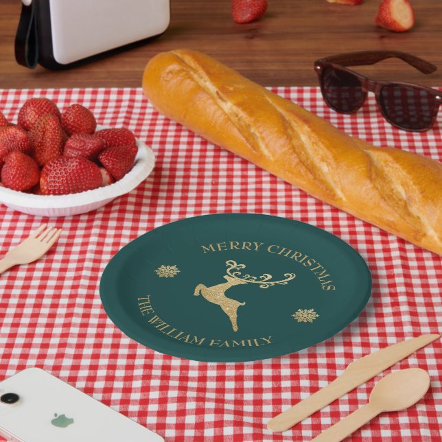 Gold Glitter Reindeer Merry Christmas Party Teal Paper Plate (Picnic)