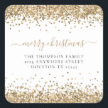 Gold Glitter Return Name Address Merry Christmas  Square Sticker<br><div class="desc">Gold Glitter Return Name Address Merry Christmas. Especially for your festive mailings, a border glitter is at the top and bottom, and Merry Christmas is in a handwriting style script. Easily personalise with your name and return address. You can also change the text and background colours via the customise further...</div>