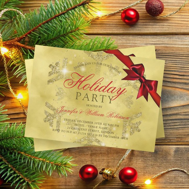 Gold Glitter & Ribbon | Xmas Holiday Red Invitation (Gold Glitter & Ribbon | Xmas Holiday Red Invitation)