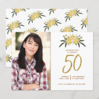 Gold Glitter Rose & Botanical Leaves 50th Birthday