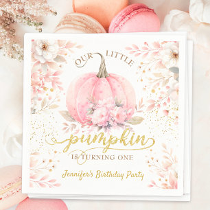 Gold Glitter Rose Floral Girl Pumpkin 1st Birthday Napkin
