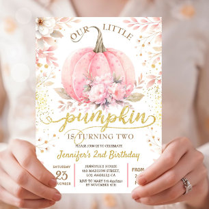 Gold Glitter Rose Floral Girl Pumpkin 2nd Birthday Invitation