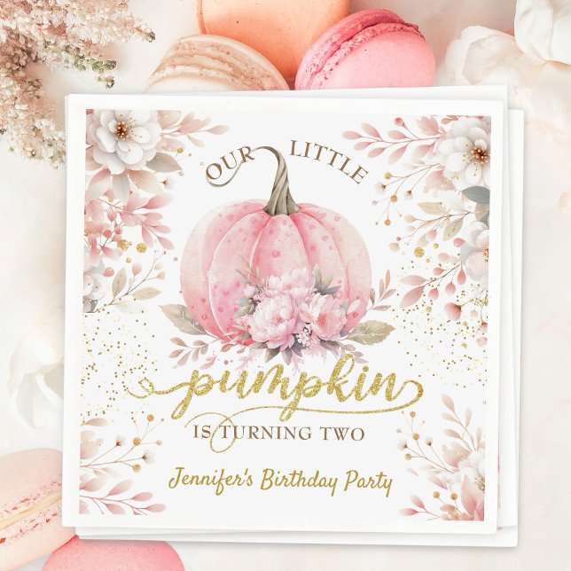 Gold Glitter Rose Floral Girl Pumpkin 2nd Birthday Napkin (Creator Uploaded)