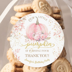 Gold Glitter Rose Floral Girl Pumpkin 4th Birthday Classic Round Sticker