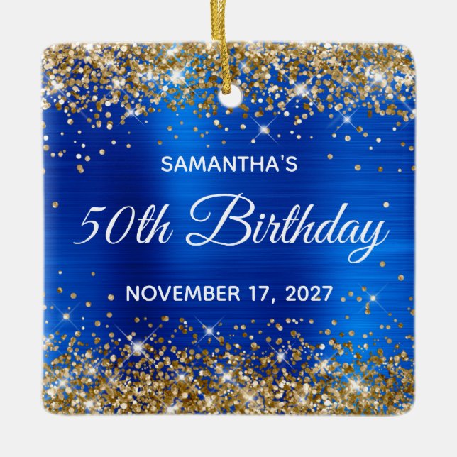 Gold Glitter Royal Blue Foil 50th Birthday Ceramic Ornament (Front)