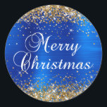 Gold Glitter Royal Blue Foil Merry Christmas Classic Round Sticker<br><div class="desc">Fancy calligraphy Merry Christmas envelope seal stickers for your special holiday greetings or invite.
Girly faux sparkly gold glitter over a faux royal blue brushed metal style ombre foil.
The colour of the old-fashioned text graphic can be changed.</div>