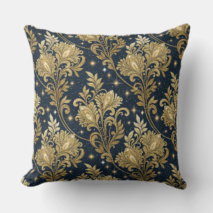 Gold Glitter Royal Palace Floral Damask Pattern Throw Pillow