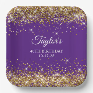 Gold Glitter Royal Purple 40th Birthday Paper Plate