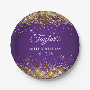 Gold Glitter Royal Purple 40th Birthday Paper Plate