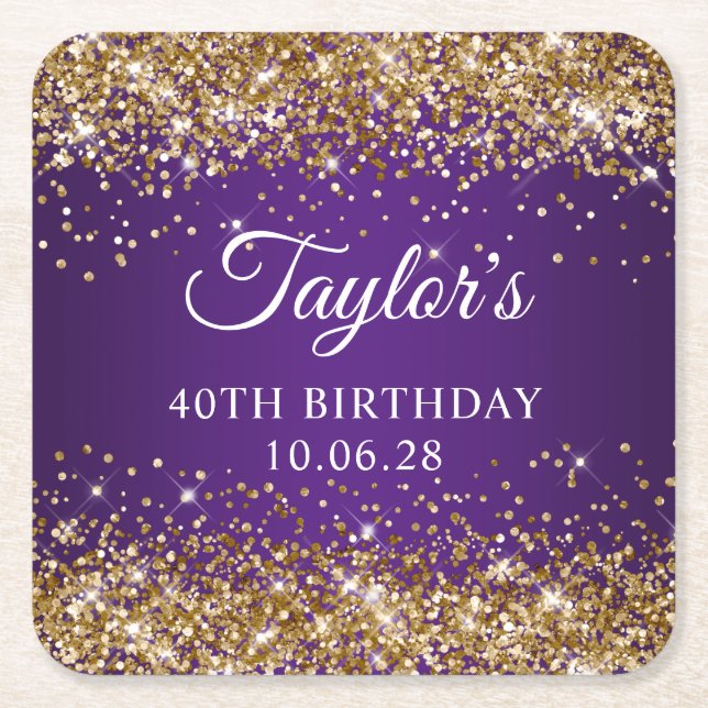 Gold Glitter Royal Purple 40th Birthday Square Paper Coaster (Front)
