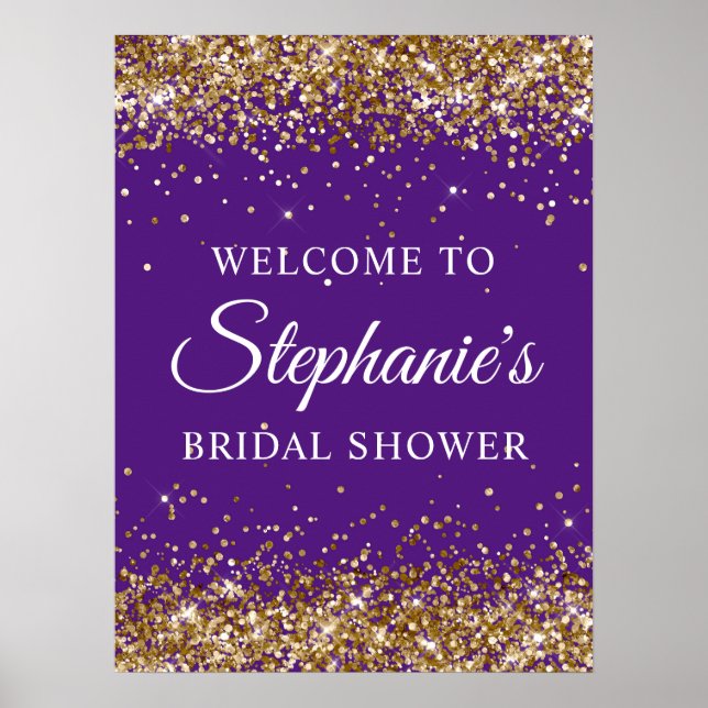 Gold Glitter Royal Purple Bridal Shower Welcome Poster (Front)
