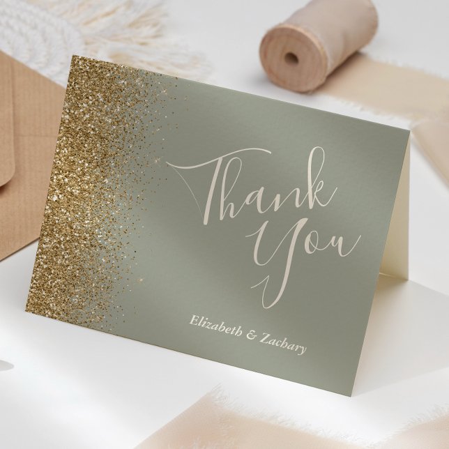 Gold Glitter Sage Green Wedding Thank You Card (Creator Uploaded)