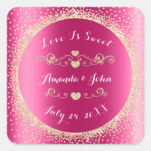 Gold Glitter Save the Date Love Sweet Fuchsia Pink Square Sticker