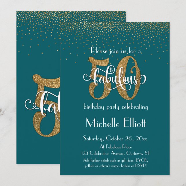 Gold Glitter & Script 50 & Fabulous, Dark Teal Invitation (Front/Back)