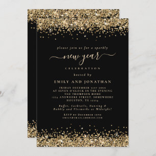 Gold Glitter Script Black New Years Eve Party  Invitation