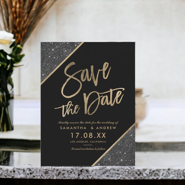 Gold glitter script black save the date announcement postcard (Gold glitter script black save the date announcement postcard)
