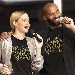 Gold Glitter Script Happy New Year T-Shirt