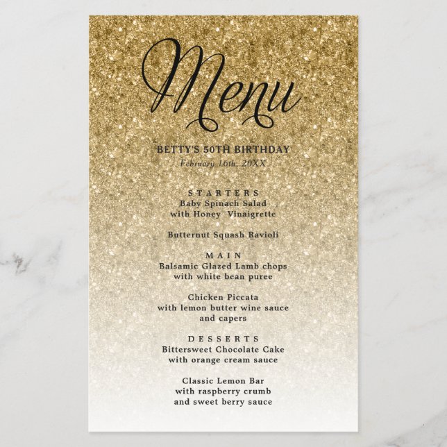 Gold Glitter Script Heading Party Menu (Front)