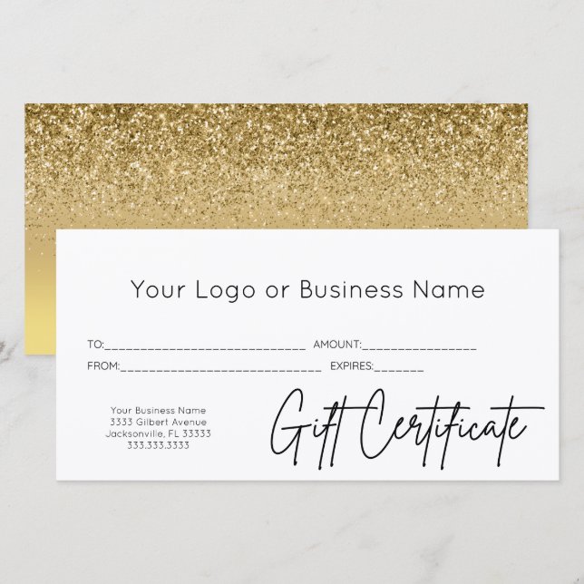 Gold Glitter Script Logo Business Gift Certificate (Front/Back)