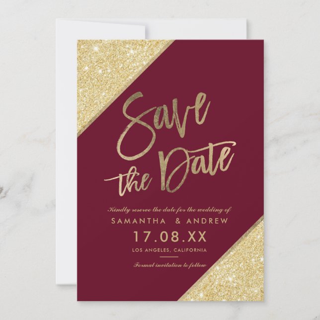 Gold glitter script marsala red save the date (Front)