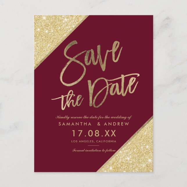 Gold glitter script marsala red save the date announcement postcard (Front)