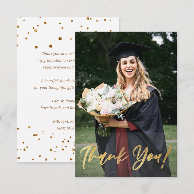 Gold Glitter Script Modern Photo Graduation  Thank You Card (Front/Back)