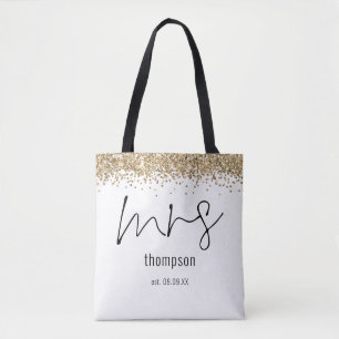 Gold Glitter Script Mrs Name Date Bride Tote Bag