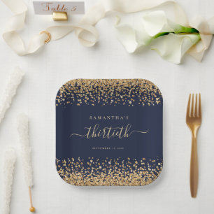 Gold Glitter Script Navy Blue Glam 30th Party Paper Plate